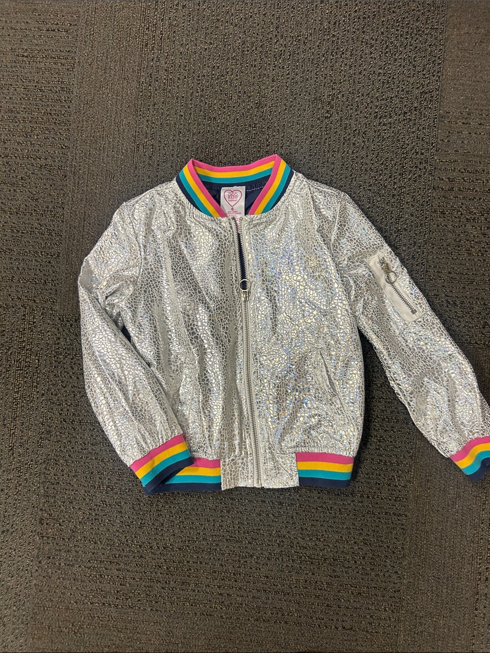 Silver Holographic Bomber Jacket with Rainbow Trim by 365 Kids from Garanimals.
